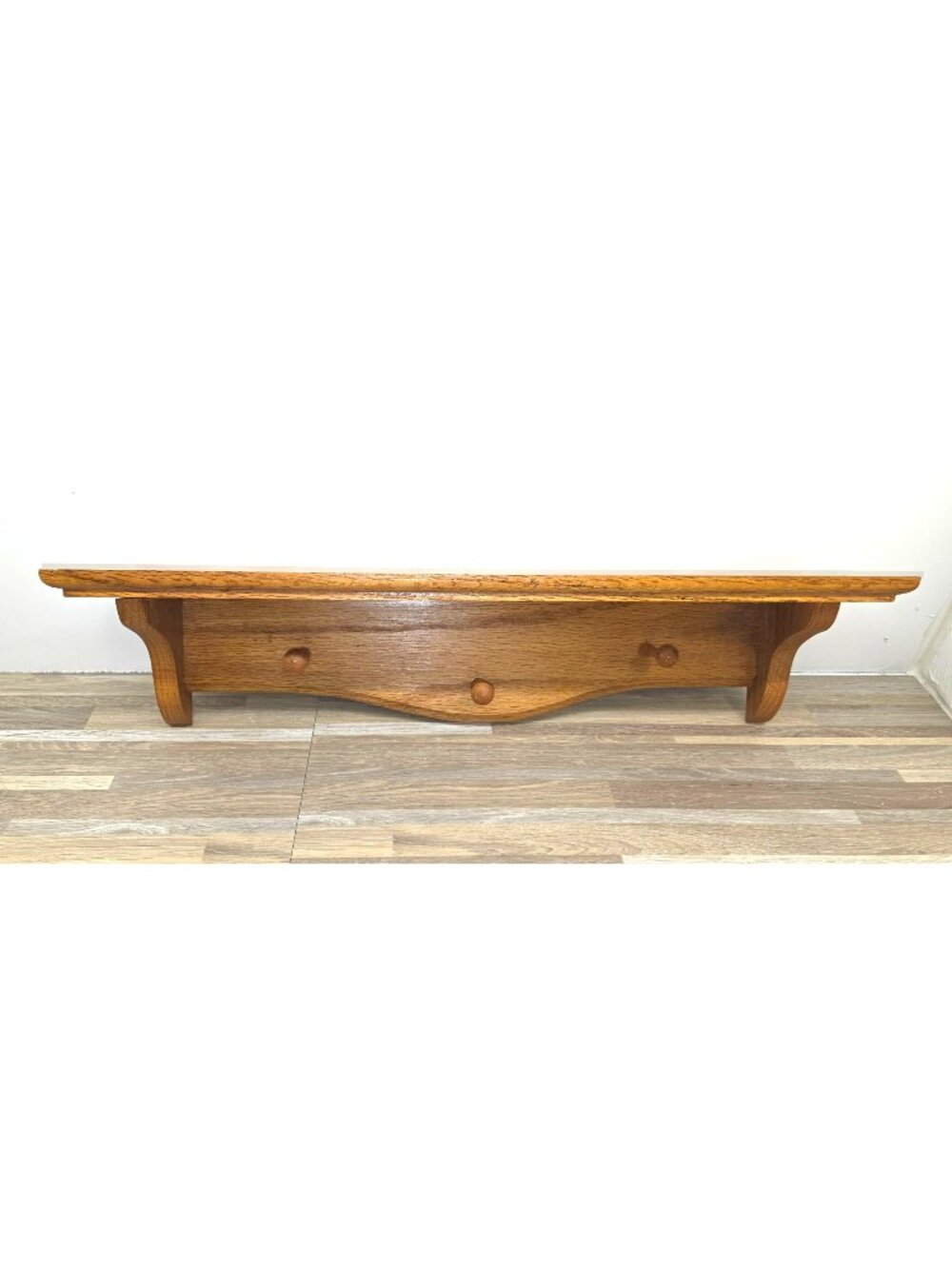 Vintage Decorative 24" Oak Wall Shelf with Three Hanging Pegs Cottage Core